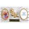 Plaque auto forme rectangle en alu striée H. 3 x 5,5 cm avec rose plus 2 résines, plusieurs saints.