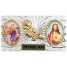Plaque auto forme rectangle en alu striée H. 3 x 5,5 cm avec rose plus 2 résines, plusieurs saints.