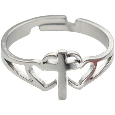 Bague reglable double cœur avec croix au centre en acier inoxydable argentee..