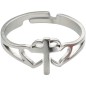 Bague reglable double cœur avec croix au centre en acier inoxydable argentee..