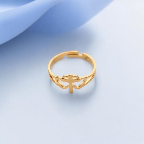Bague reglable double cœur avec croix au centre en acier inoxydable doree..