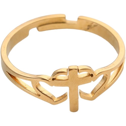 Bague reglable double cœur avec croix au centre en acier inoxydable doree..