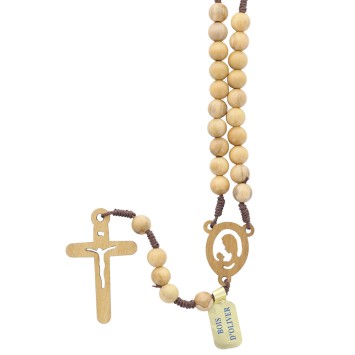 Chapelet sur corde grains en bois d'olivier Ø 7 mm, longueur au cœur 22 cm, cœur bois, croix avec Christ découpé..