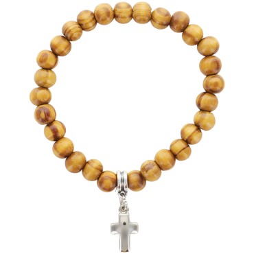 Bracelet sur elastique en bois grains de Ø 8 mm, avec croix metal..