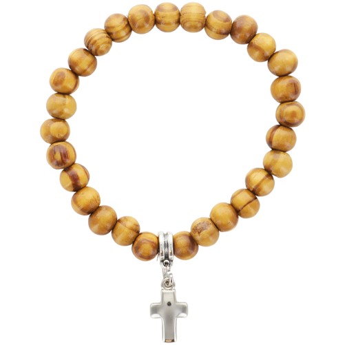 Bracelet sur elastique en bois grains de Ø 8 mm, avec croix metal..