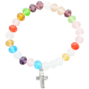 Bracelet sur elastique pour enfant, grains en verre multicolore Ø 6 mm, avec croix metal..
