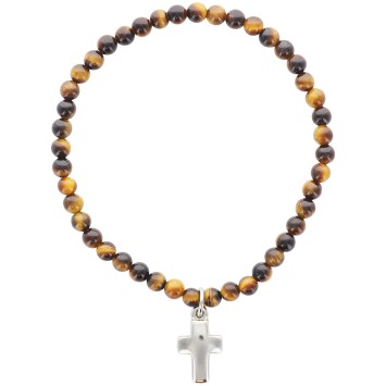 Bracelet sur élastique grains œil de tigre Ø 4 mm, avec croix métal..