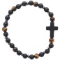 Bracelet sur elastique grains oeil de tigre et agate noire Ø 4 mm, avec croix..