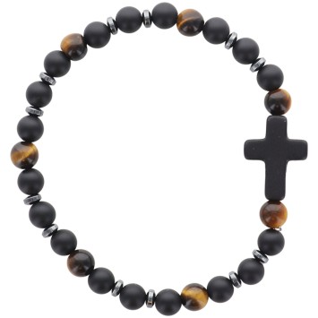 Bracelet sur elastique grains oeil de tigre et agate noire Ø 4 mm, avec croix..