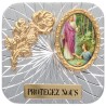 Plaque auto forme carrée en alu striée H. 3.50 cm avec rose avec résines. Disponible avec différents Saints.