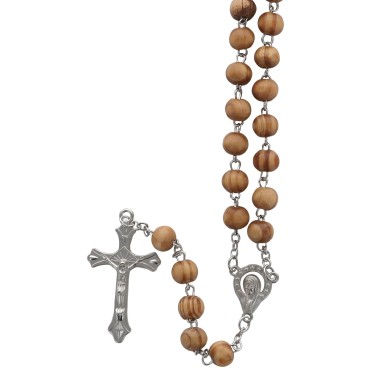 Chapelet sur chaine avec grains en bois Ø 7 mm, longueur jusqu au coeur 33 cm, croix et christ en metal..