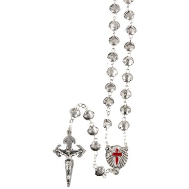 Chapelet metal de saint Jacques grains forme coquille, Ø 8 mm sur chaine et croix avec Christ plus boite..
