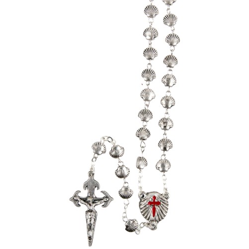 Chapelet metal de saint Jacques grains forme coquille, Ø 8 mm sur chaine et croix avec Christ plus boite..