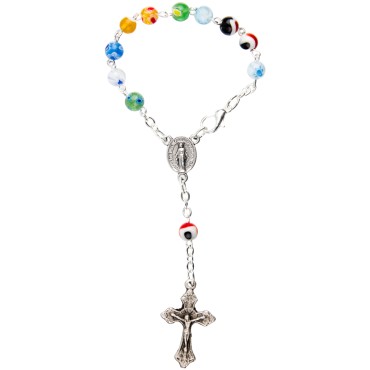 Dizainier sur chaine en verre style Murano multicolore Ø 7 mm croix métal avec Christ..