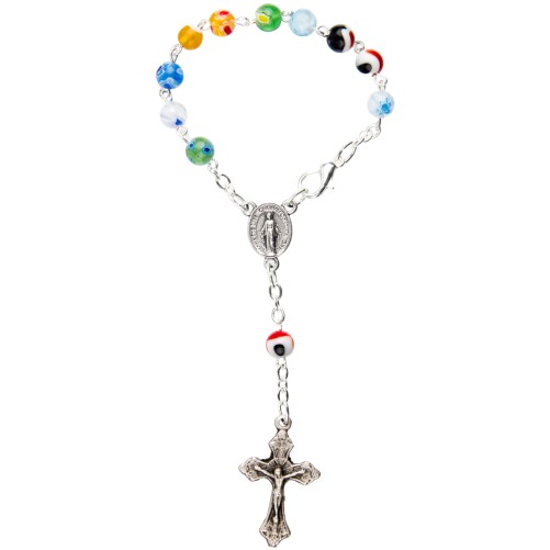 Dizainier sur chaine en verre style Murano multicolore Ø 7 mm croix métal avec Christ..