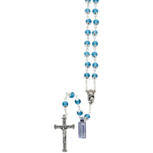 Chapelet grains en cristal Ø 8 mm sertis d une coupelle sur chaine, Croix avec Christ.