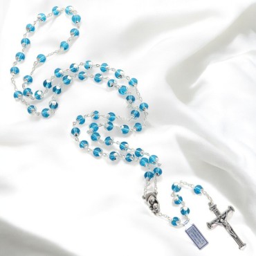 Chapelet grains en cristal Ø 8 mm sertis d une coupelle sur chaine, Croix avec Christ.