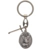 Porte cles en metal forme ovale avec St Michel entouré de rayons accompagné d'une épée en breloque H 3 cm