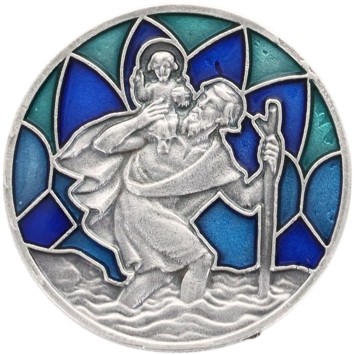 Plaque auto argentée Saint Christophe, style vitrail coloré – Ø 3 cm..