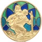 Plaque auto dorée Saint Christophe, style vitrail coloré – Ø 3 cm..