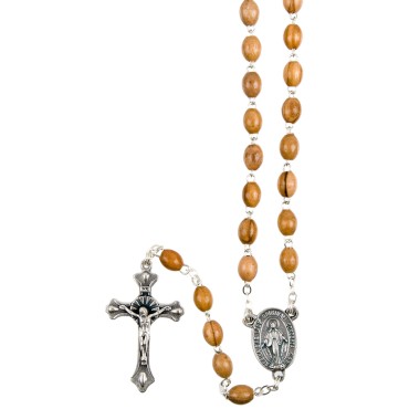 Chapelet grains en bois d'olivier, Ø 5 mm, chaine couleur argentée, longueur au cœur 33 cm, croix avec Christ..