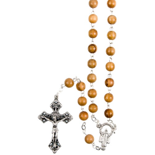 Chapelet grains en bois d'olivier, Ø 7 mm, chaine couleur argentée, longueur au cœur 30 cm, croix avec Christ..