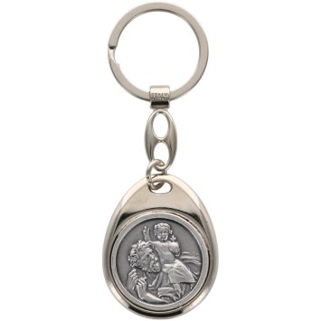 Porte-clés Saint Christophe en forme de galet – métal Ø 3,5 cm.
