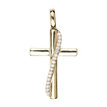 Croix de cou en plaqué or avec liseré, sertie de pierres OZ – H. 2,5 cm. Livrée en boîte..