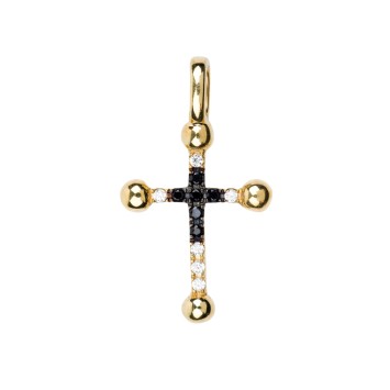 Croix de cou en plaqué or avec pierres OZ noires et blanches serties – H. 1,9 cm. Livrée en boîte..