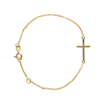 Bracelet en plaqué or ajustable sur chaine 16 -18 cm avec croix 1,7 x 1 cm. Livré en boite.