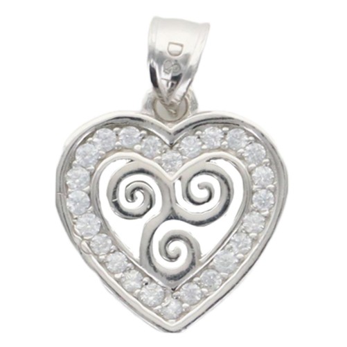 Pendentif cœur avec triskel en argent 925 rhodié, 1,5 cm, pierres OZ (1,2 g). Livré en boîte.