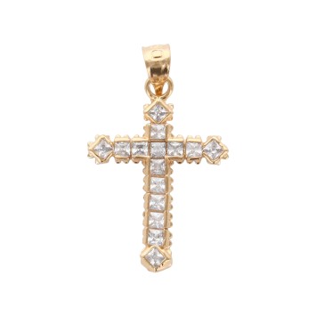 Croix de cou en plaqué or, sertie de pierres OZ H. 2 cm. Livrée en boite..