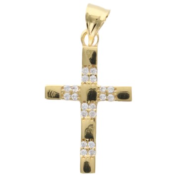 Croix de cou en plaqué or, avec pierres OZ H. 2 cm. Livrée en boite..