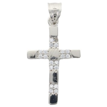 Croix de cou en argent 925 °/°° rhodié, avec pierres OZ H. 2 cm (0.8 g). Livrée en boite..