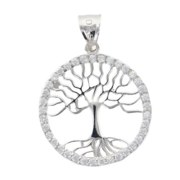 Pendentif arbre de vie en argent 925 °/°° rhodié avec cercle serti de pierres OZ H 1.5 cm (1 g). Livré en boite..
