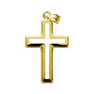 Croix en plaqué or ajourée H. 2,3 cm. Livrée en boite..