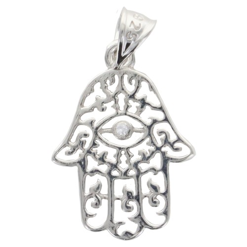 Pendentif Main de Fatima en argent 925 °/°° rhodié H. 1.7 cm (0.8 g). Livré en boite..