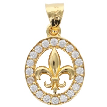 Médaille fleur de lys encerclée 1.2 cm en plaqué or avec pierres OZ (1g). Livrée en boite..