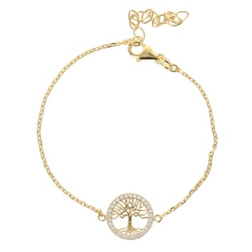 Bracelet en plaqué or ajustable sur chaine avec arbre de vie entouré de pierres OZ. Livré en boite..
