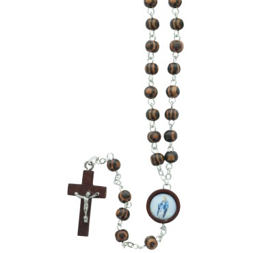 Chapelet grains bois, Ø 5 mm, chaine couleur argentée avec croix avec Christ. Résine VM.