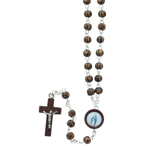 Chapelet grains bois, Ø 5 mm, chaine couleur argentée avec croix avec Christ. Résine VM.