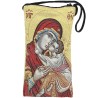 Porte-lunettes / téléphone en tissu, brodé de fil d’or, H 17 x 9 cm, avec cordon. Plusieurs modèles..