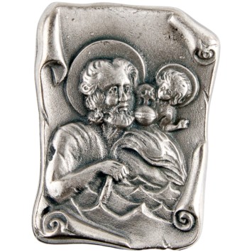 Plaque auto de saint Christophe H. 3 cm forme parchemin en métal couleur argentée.