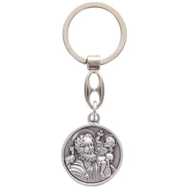 Porte-clés Saint Christophe en métal argenté – Ø 3,5 cm.