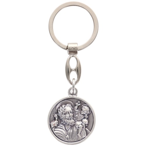 Porte-clés Saint Christophe en métal argenté – Ø 3,5 cm.