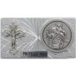 Plaque auto rectangle alu striée H. 3 x 5,5 cm avec croix et médaille de saint Christophe..