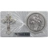 Plaque auto rectangle alu striée H. 3 x 5,5 cm avec croix et médaille de saint Christophe..