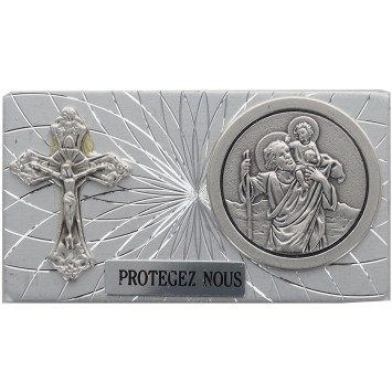 Plaque auto rectangle alu striée H. 3 x 5,5 cm avec croix et médaille de saint Christophe..