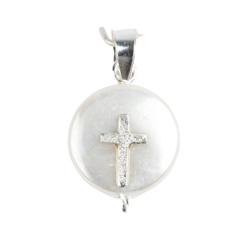 Médaille en nacre avec croix sablée en argent 925 °/°° Ø 1 cm (0,36 g). Livrée en boite.