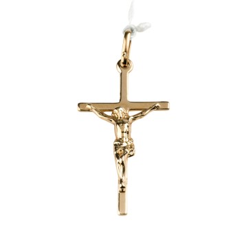Croix de cou bâton en plaque or avec Christ H. 3 cm. Livrée en boite.